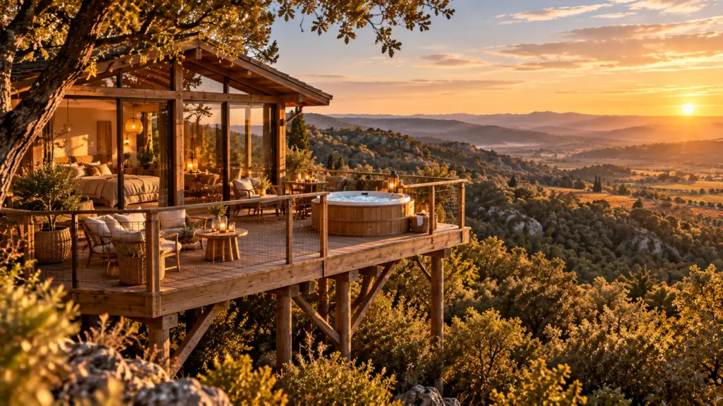 Lodge sur pilotis dans l’Aude avec terrasse, jacuzzi privatif et vue sur la nature au coucher du soleil