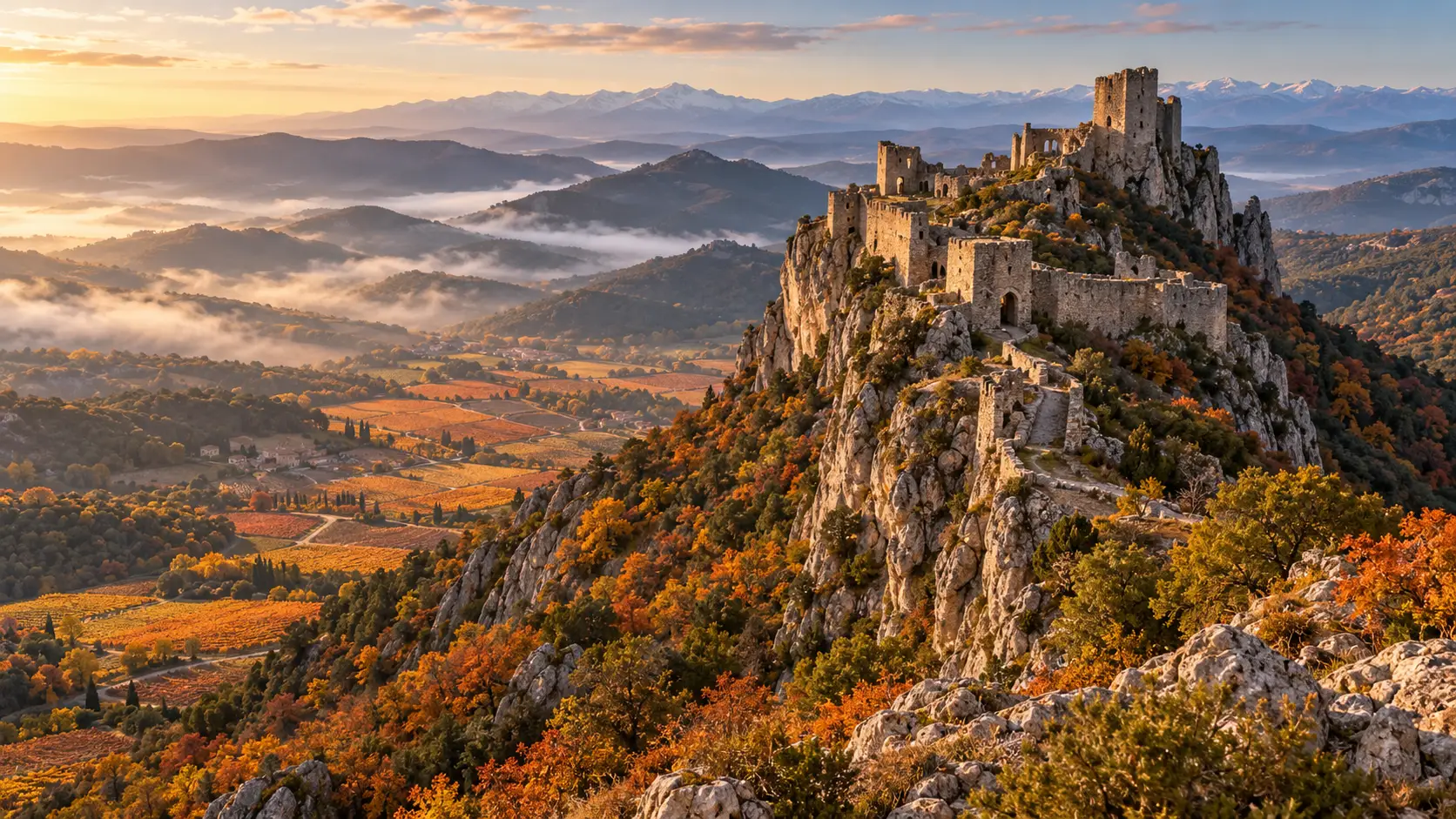 Route des châteaux cathares : citadelle médiévale perchée au-dessus des brumes dans les Corbières en automne