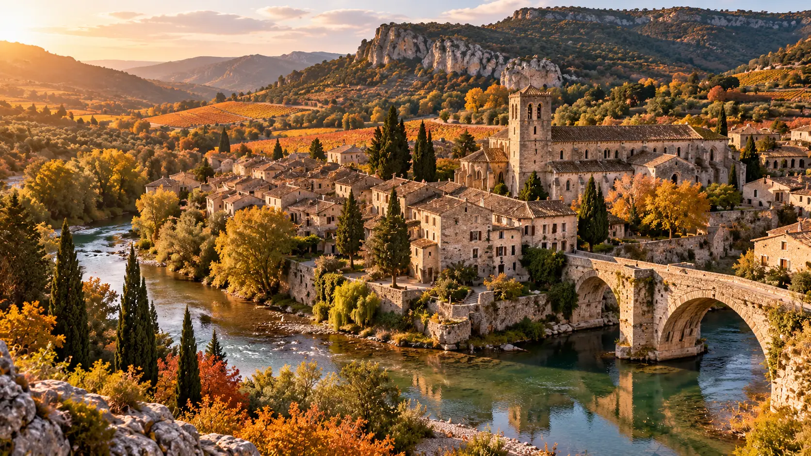 Lagrasse, l’un des plus beaux villages autour de Carcassonne, avec son abbaye et son pont médiéval sur l’Orbieu en automne