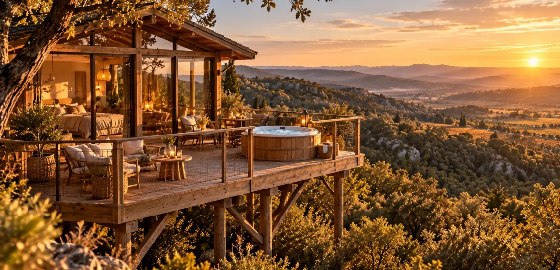 Lodge sur pilotis dans l’Aude avec terrasse, jacuzzi privatif et vue sur la nature au coucher du soleil