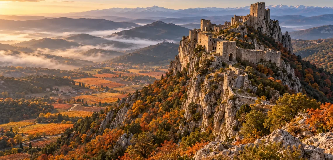 Route des châteaux cathares : citadelle médiévale perchée au-dessus des brumes dans les Corbières en automne
