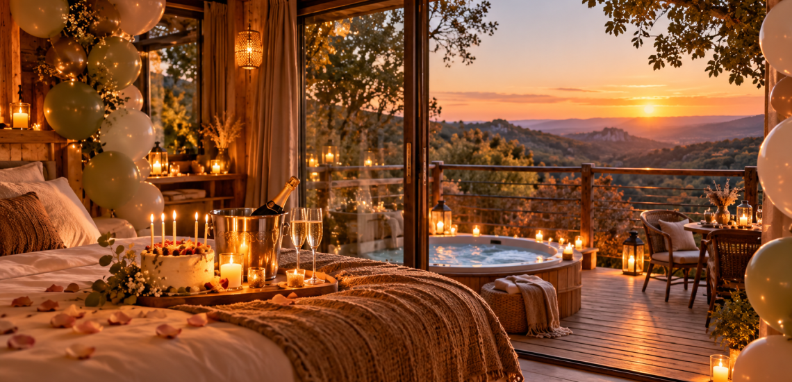 Anniversaire en cabane dans l’Aude : chambre décorée de bougies et ballons, gâteau, champagne et spa privatif face au coucher de soleil