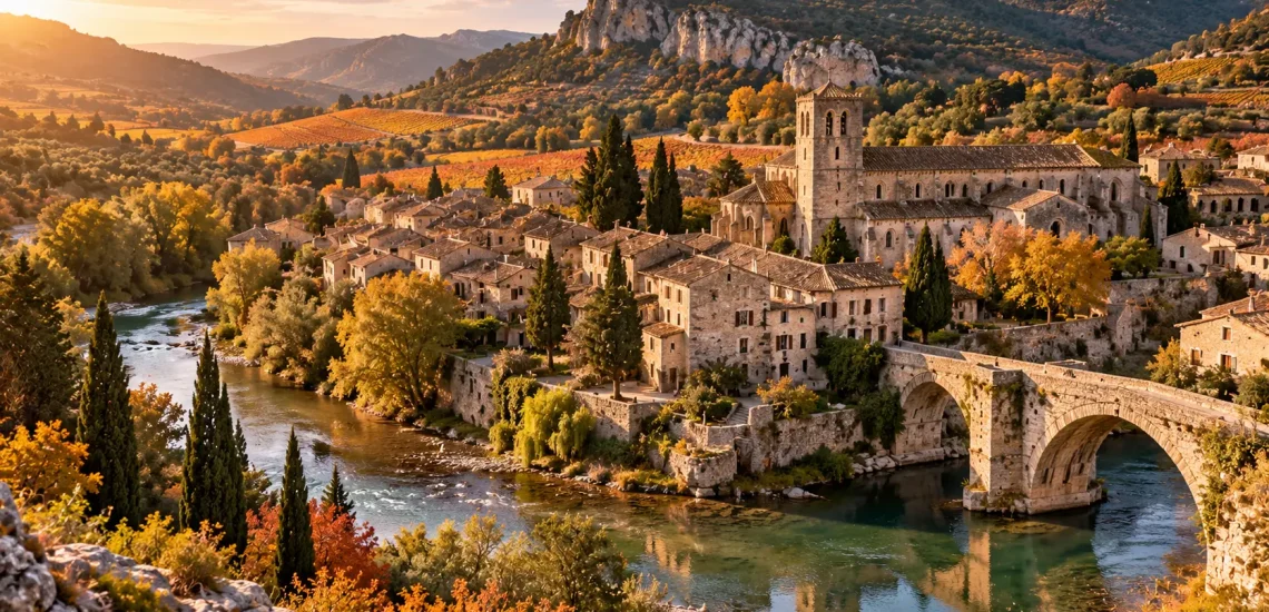 Lagrasse, l’un des plus beaux villages autour de Carcassonne, avec son abbaye et son pont médiéval sur l’Orbieu en automne